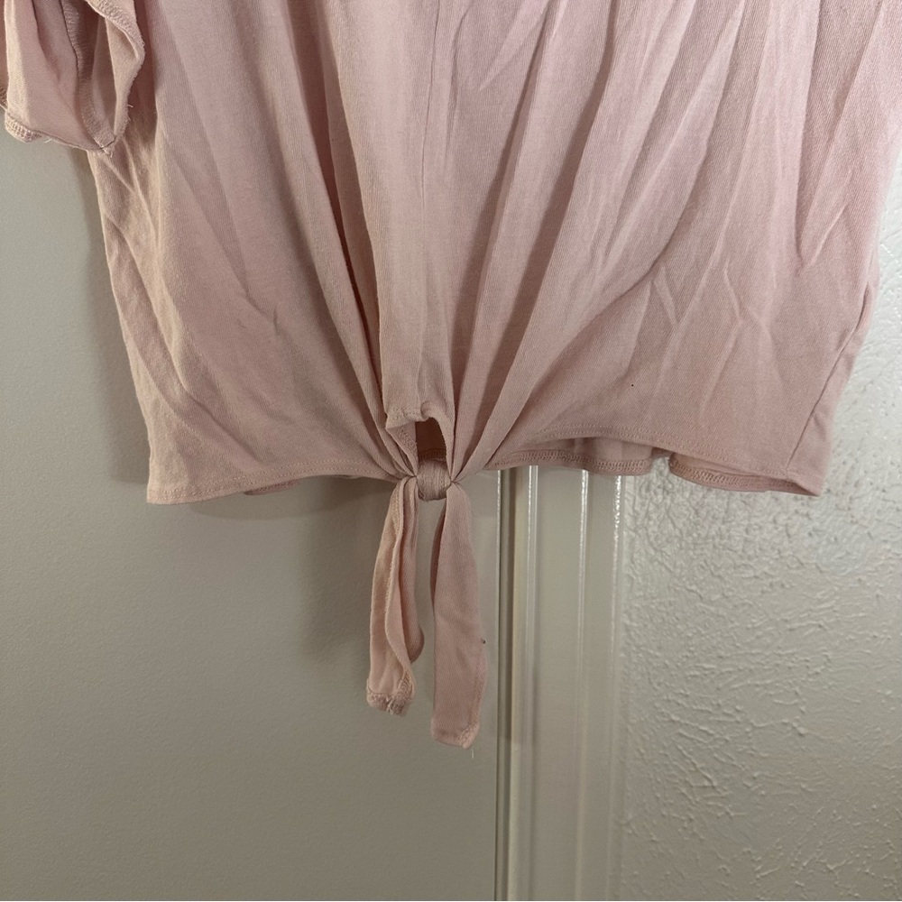 Light Blush Pink Ruffle Sleeve Top Blouse Target Medium Soft Flowy Tie Cropped - Picture 8 of 12